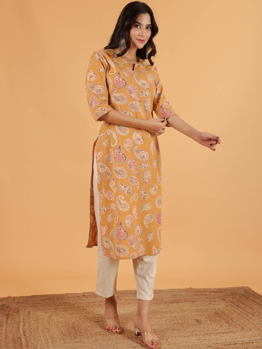 Aramya Straight Linen Cotton Paisley Print Women's Kurta - Yellow - Distacart