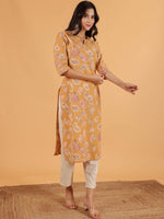 Thumbnail for Aramya Straight Linen Cotton Paisley Print Women's Kurta - Yellow - Distacart
