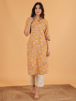 Aramya Straight Linen Cotton Paisley Print Women's Kurta Set - Yellow - Distacart