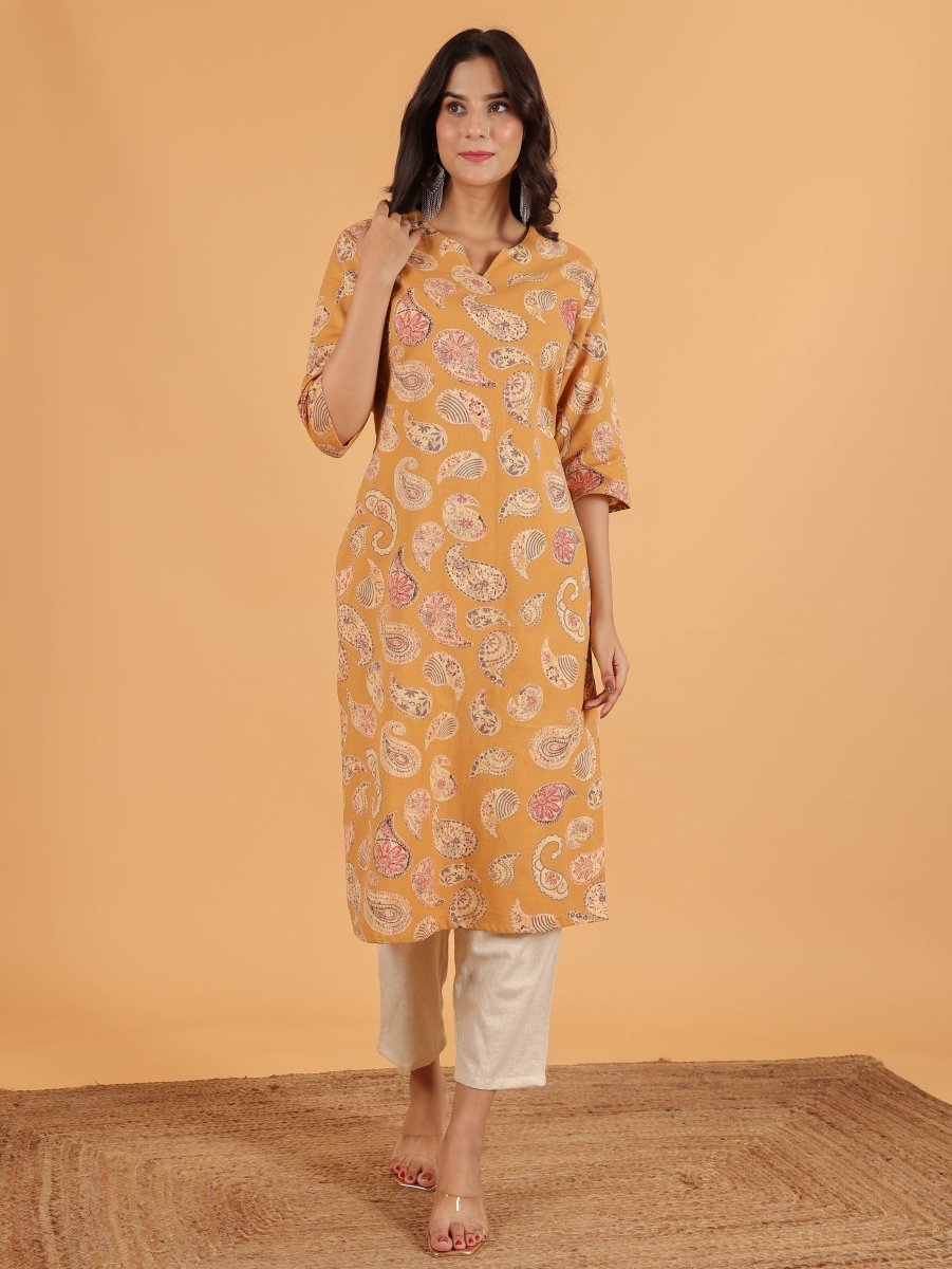 Aramya Straight Linen Cotton Paisley Print Women's Kurta - Yellow - Distacart