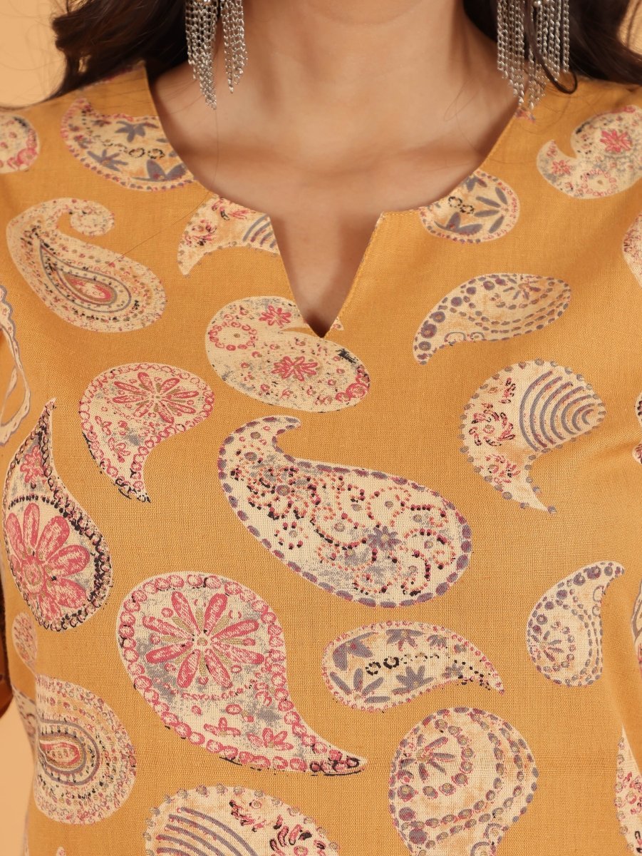 Aramya Straight Linen Cotton Paisley Print Women's Kurta - Yellow - Distacart