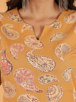 Thumbnail for Aramya Straight Linen Cotton Paisley Print Women's Kurta - Yellow - Distacart