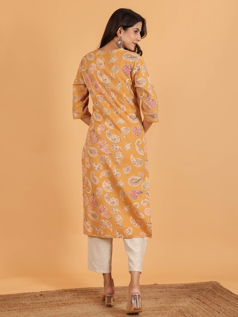 Aramya Straight Linen Cotton Paisley Print Women's Kurta - Yellow - Distacart