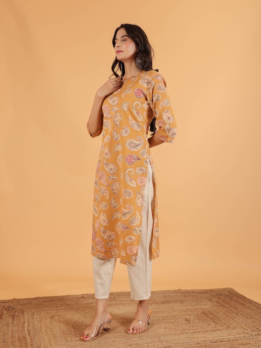 Aramya Straight Linen Cotton Paisley Print Women's Kurta Set - Yellow - Distacart