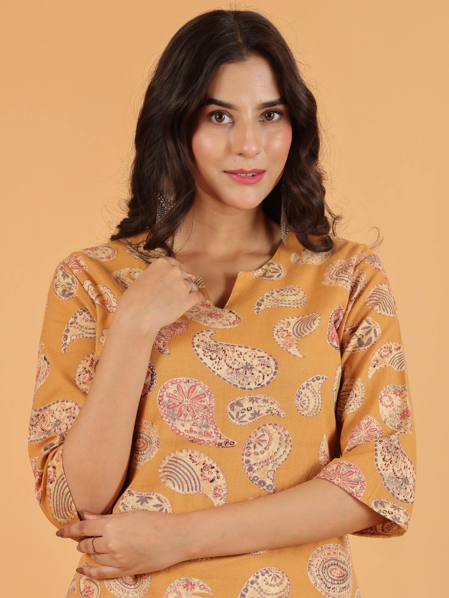 Aramya Straight Linen Cotton Paisley Print Women's Kurta - Yellow - Distacart