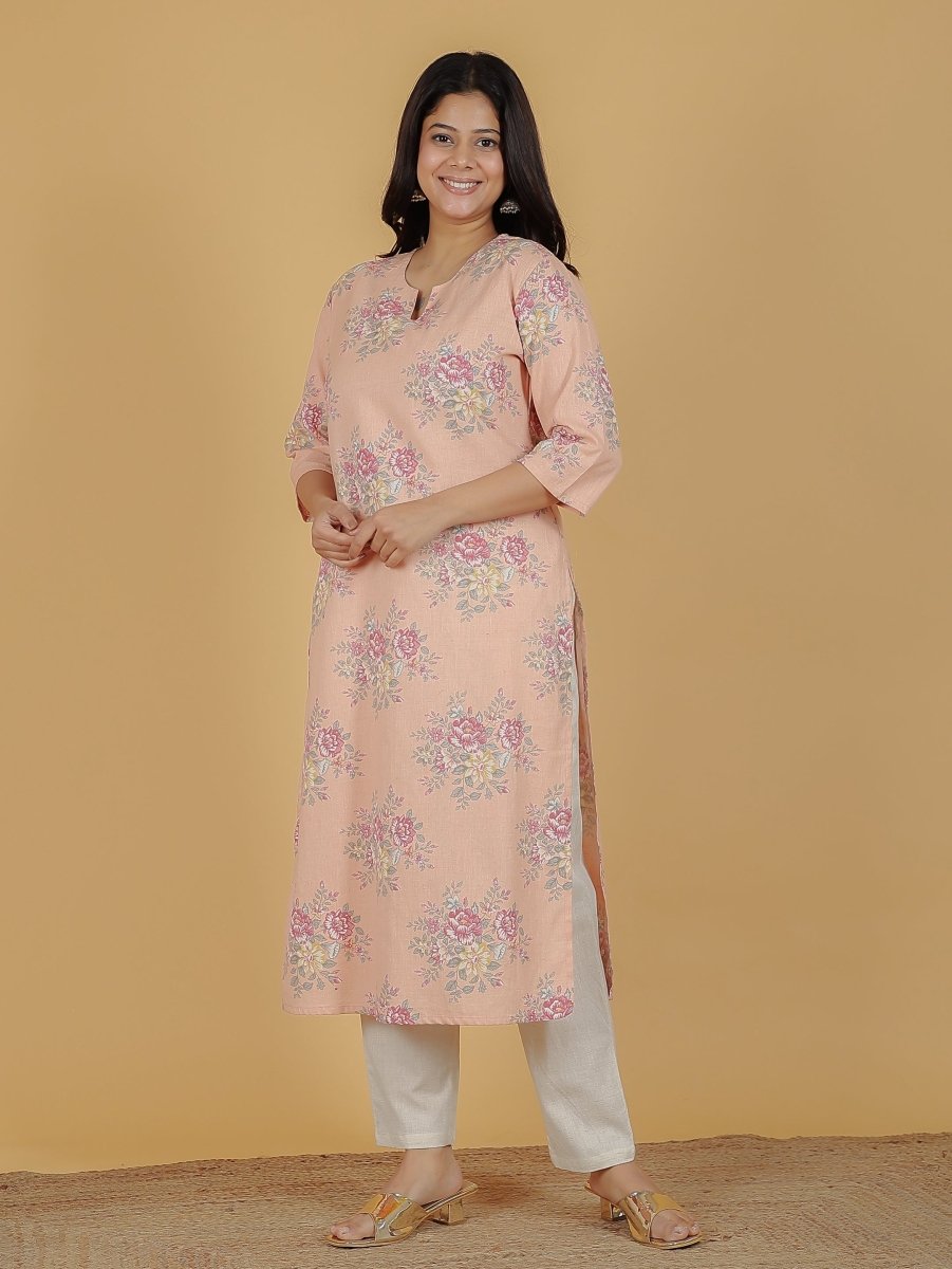 Aramya Straight Linen Cotton Floral Print Women's Kurta Set - Orange - Distacart
