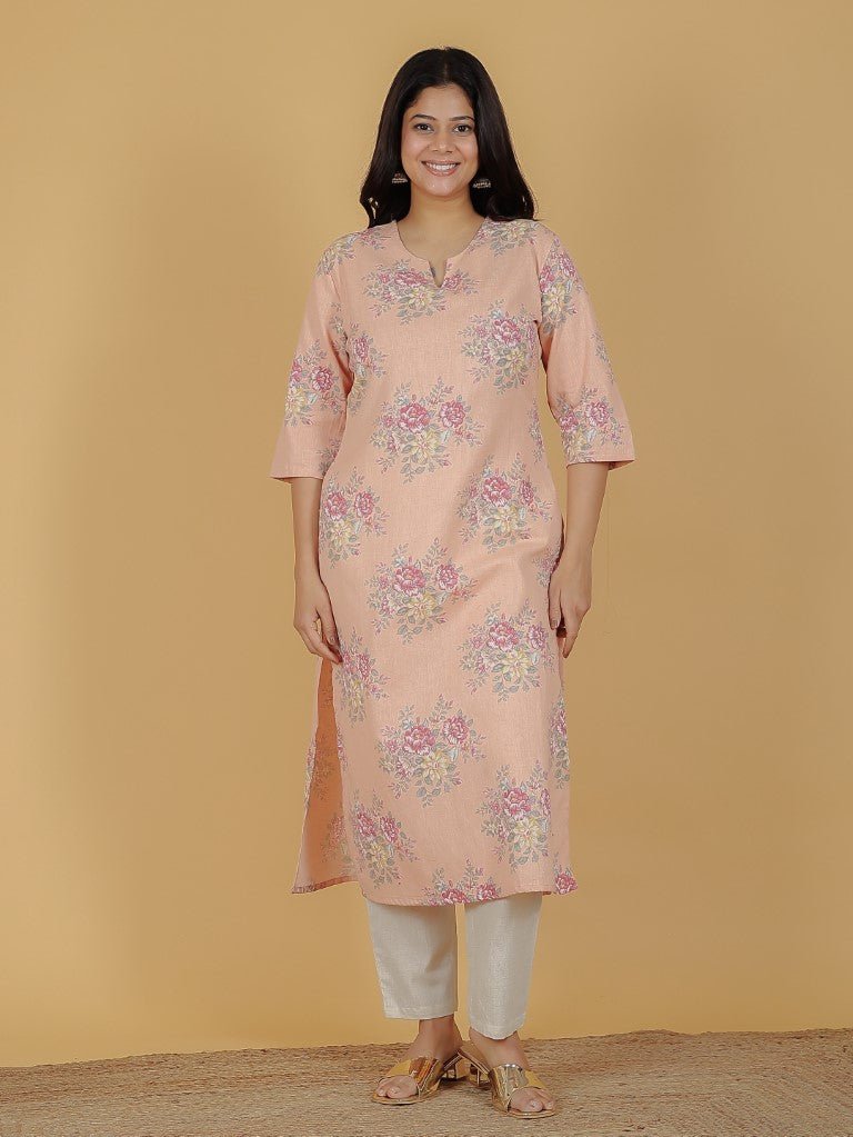 Aramya Straight Linen Cotton Floral Print Women's Kurta - Orange - Distacart