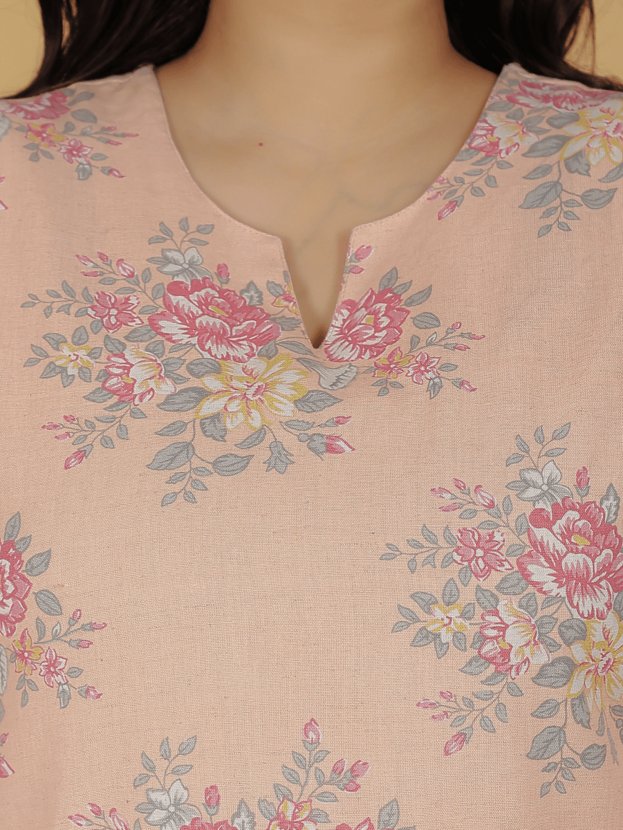 Aramya Straight Linen Cotton Floral Print Women's Kurta Set - Orange - Distacart