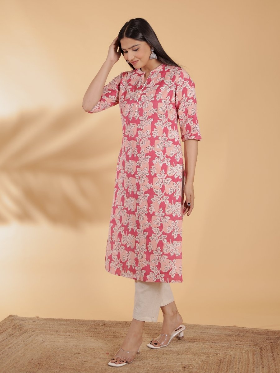 Aramya Straight Linen Cotton Floral Print Women's Kurta - Pink - Distacart