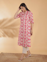 Thumbnail for Aramya Straight Linen Cotton Floral Print Women's Kurta - Pink - Distacart