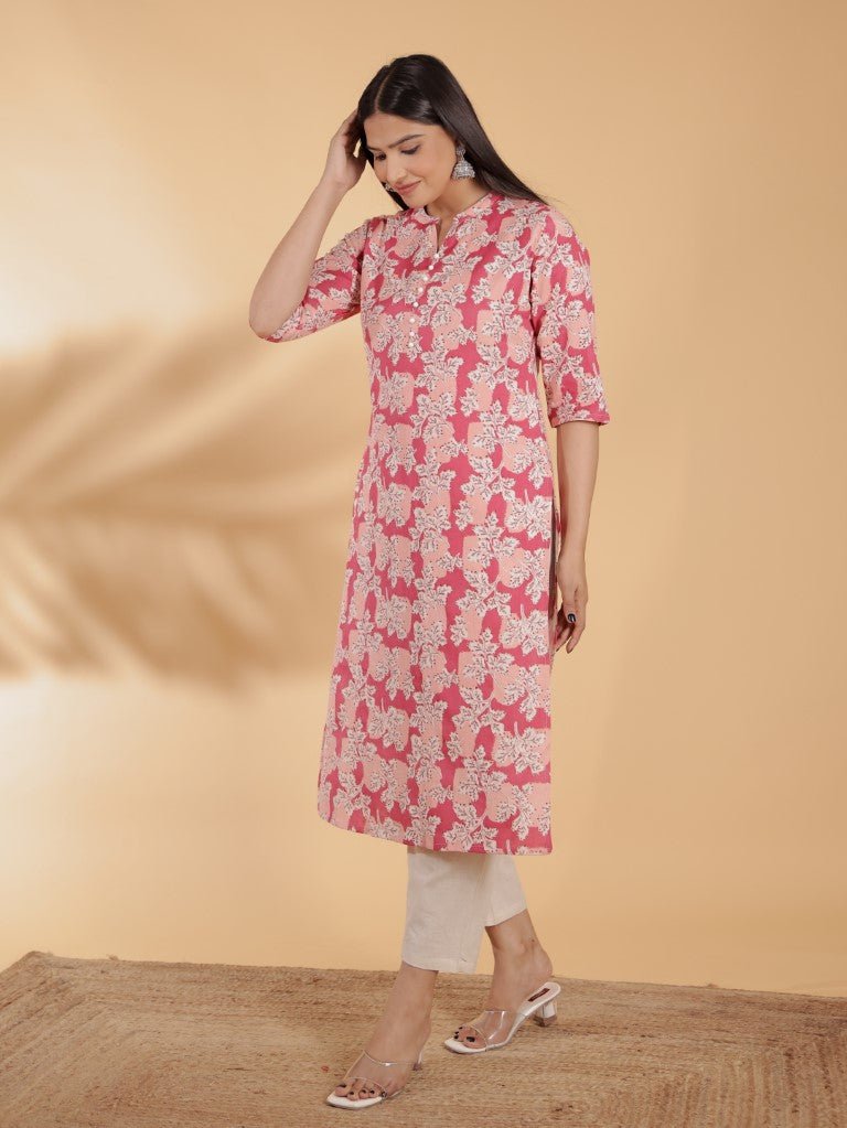 Aramya Straight Linen Cotton Floral Print Women's Kurta Set - Pink - Distacart