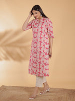 Thumbnail for Aramya Straight Linen Cotton Floral Print Women's Kurta Set - Pink - Distacart