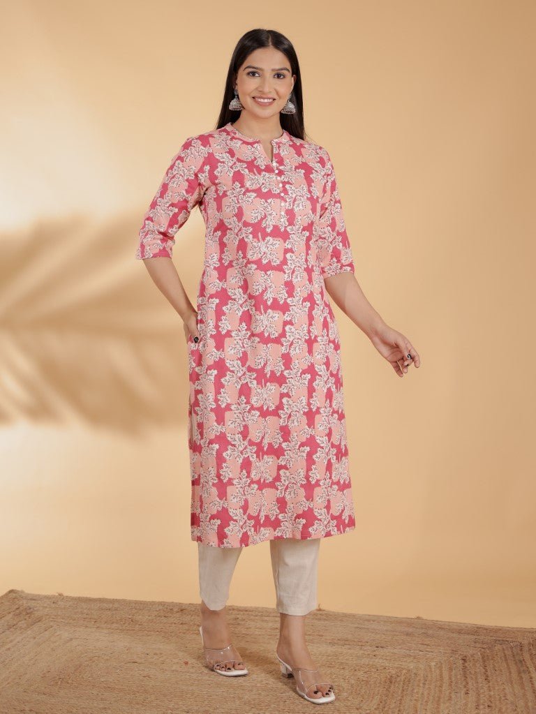 Aramya Straight Linen Cotton Floral Print Women's Kurta Set - Pink - Distacart
