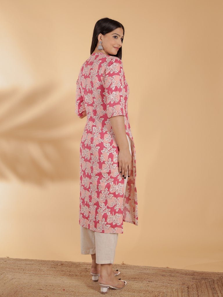 Aramya Straight Linen Cotton Floral Print Women's Kurta Set - Pink - Distacart