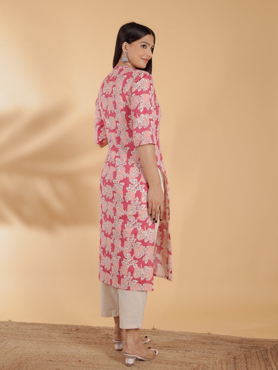 Aramya Straight Linen Cotton Floral Print Women's Kurta - Pink - Distacart