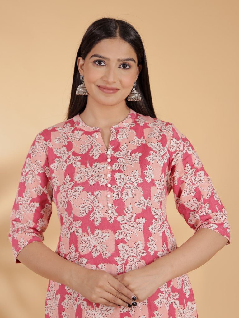 Aramya Straight Linen Cotton Floral Print Women's Kurta Set - Pink - Distacart