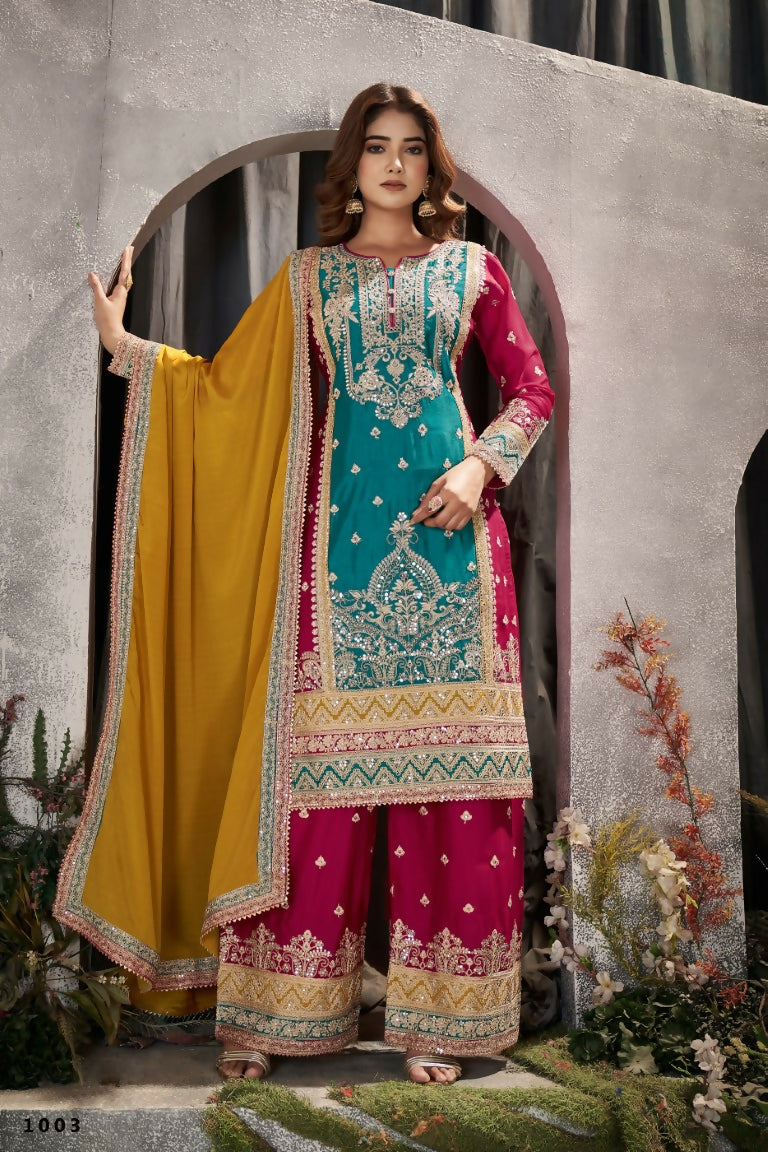 Partywear Designer Firozi Chinon Fabric suit - Shagun - Distacart