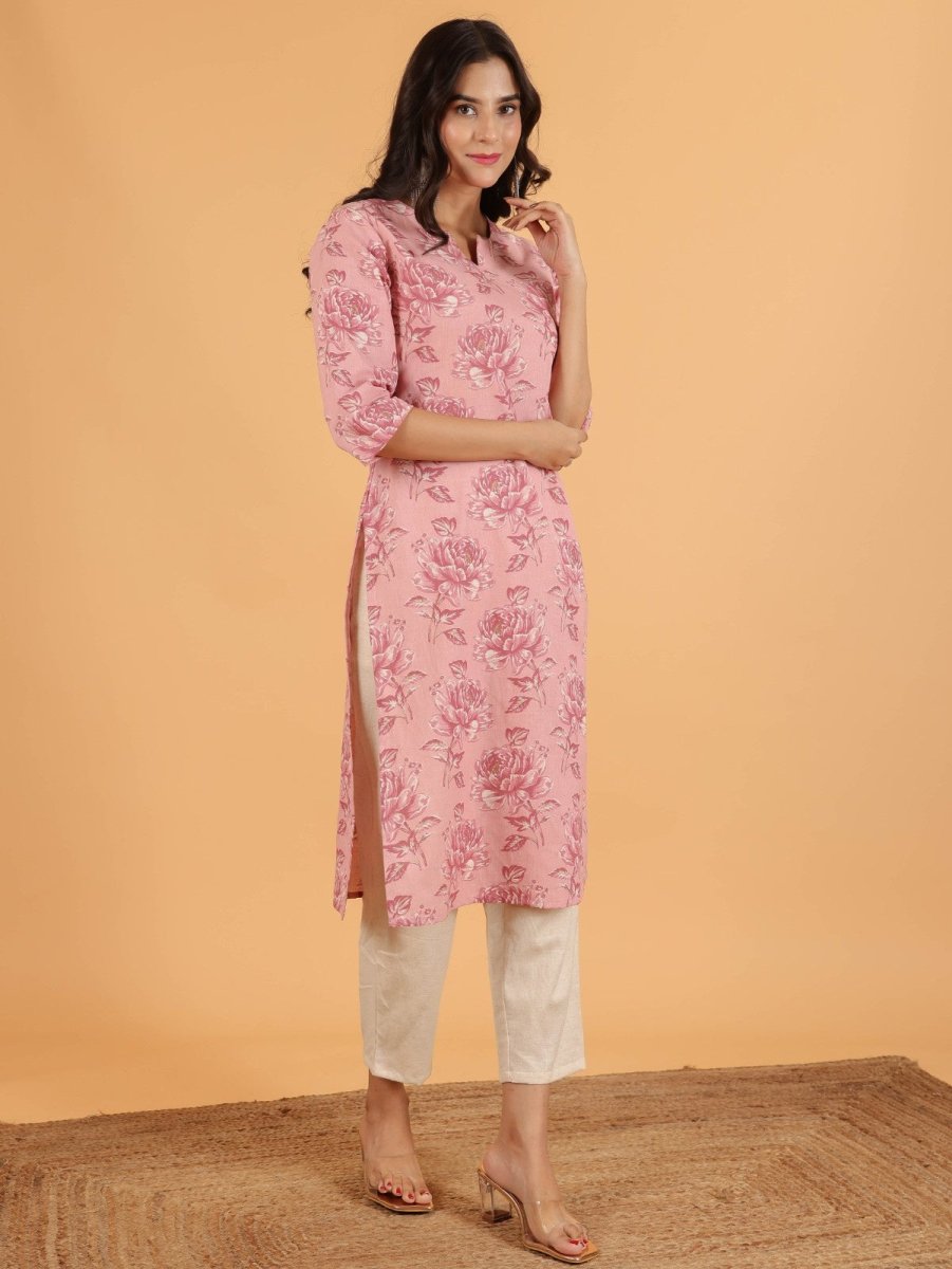 Aramya Straight Linen Cotton Floral Print Women's Kurta Set - Pink - Distacart