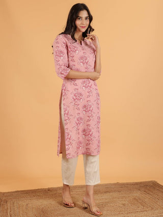 Aramya Straight Linen Cotton Floral Print Women's Kurta - Pink - Distacart