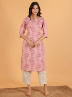 Thumbnail for Aramya Straight Linen Cotton Floral Print Women's Kurta - Pink - Distacart