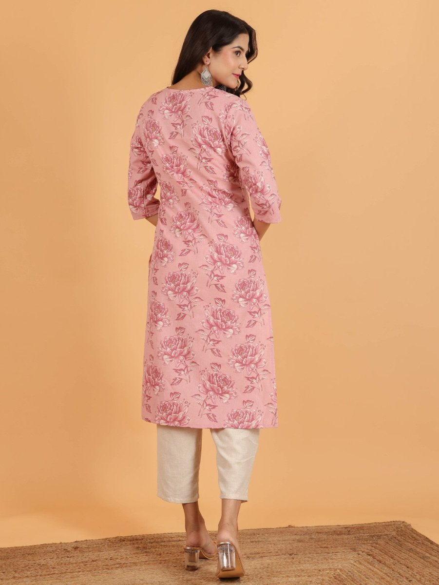 Aramya Straight Linen Cotton Floral Print Women's Kurta Set - Pink - Distacart