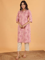 Thumbnail for Aramya Straight Linen Cotton Floral Print Women's Kurta - Pink - Distacart