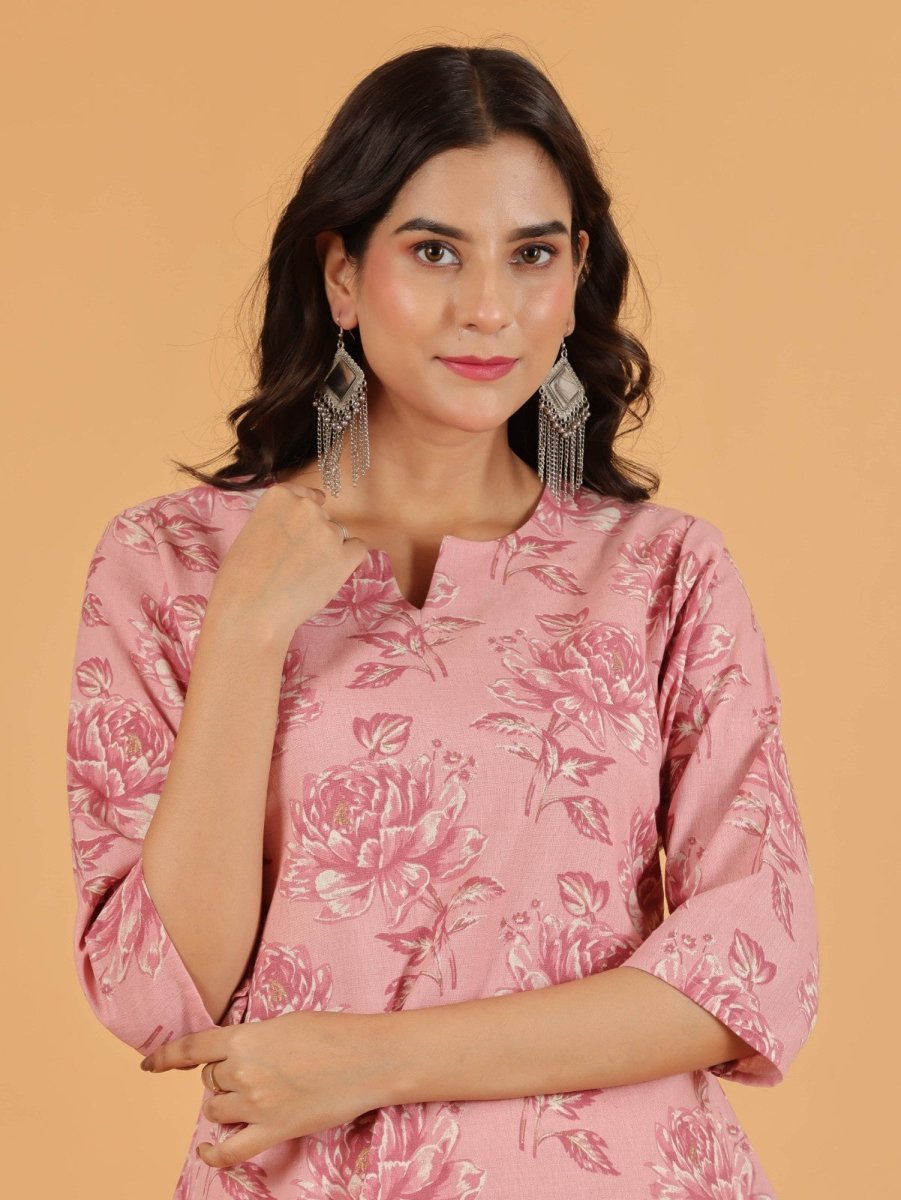 Aramya Straight Linen Cotton Floral Print Women's Kurta - Pink - Distacart