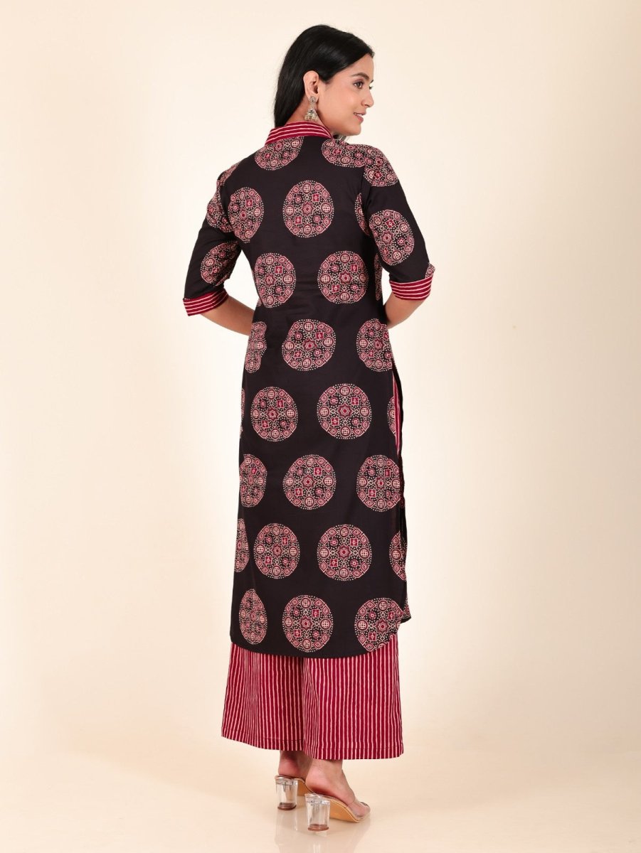 Aramya Pathani Soft Cotton Ajrakh Print Women's Kurta - Black - Distacart