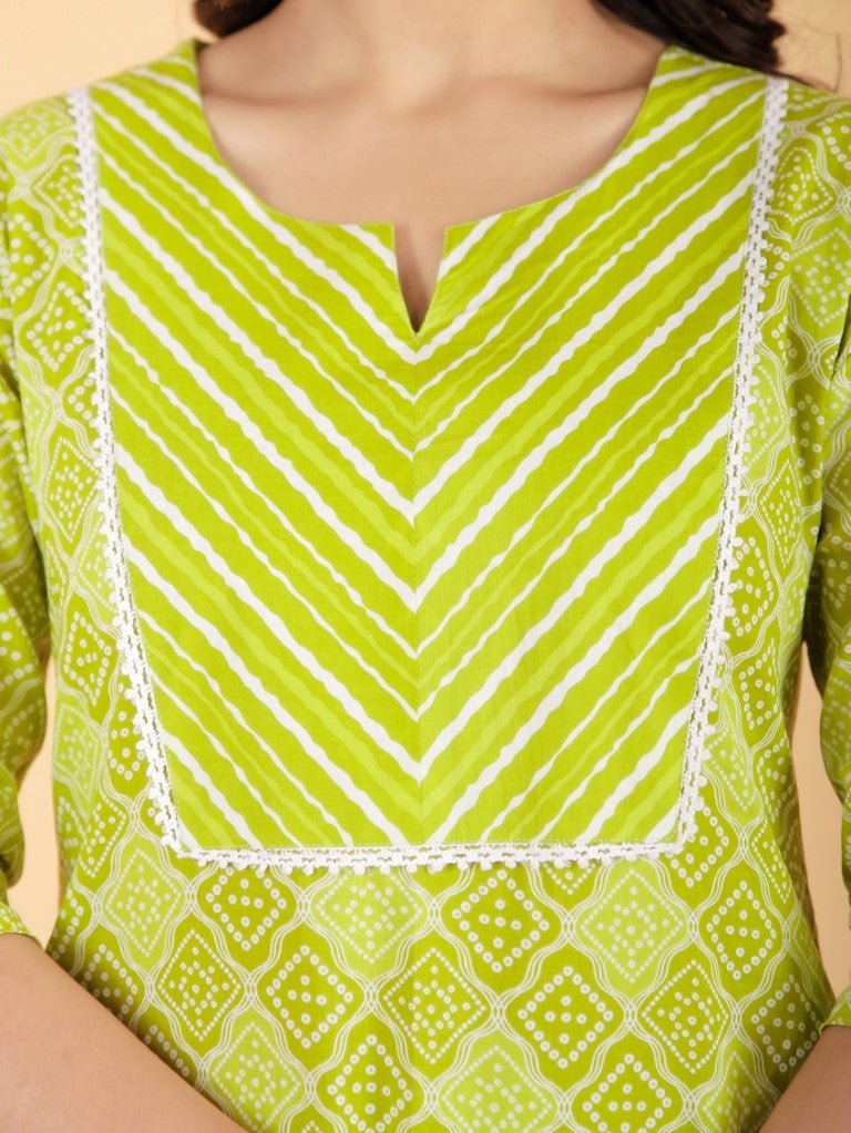 Aramya Straight Soft Cotton Bandhani Print Women's Kurta - Green - Distacart