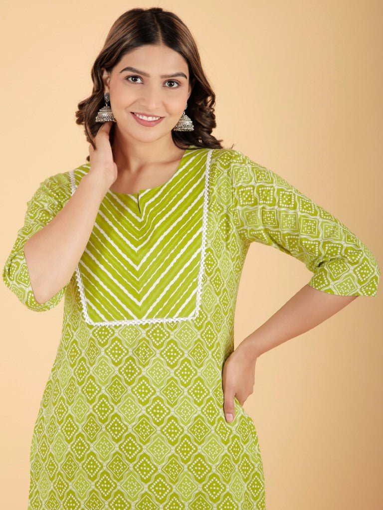 Aramya Straight Soft Cotton Bandhani Print Women's Kurta - Green - Distacart