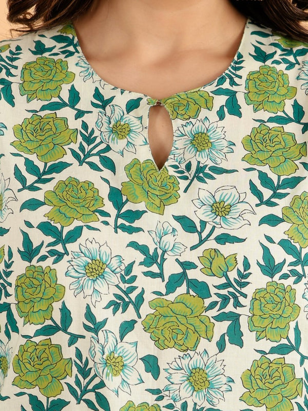 Aramya Straight Soft Cotton Floral Print Women's Kurta - Green - Distacart