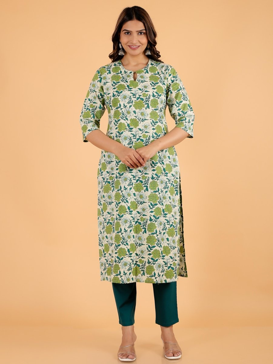 Aramya Straight Soft Cotton Floral Print Women's Kurta Set - Green - Distacart