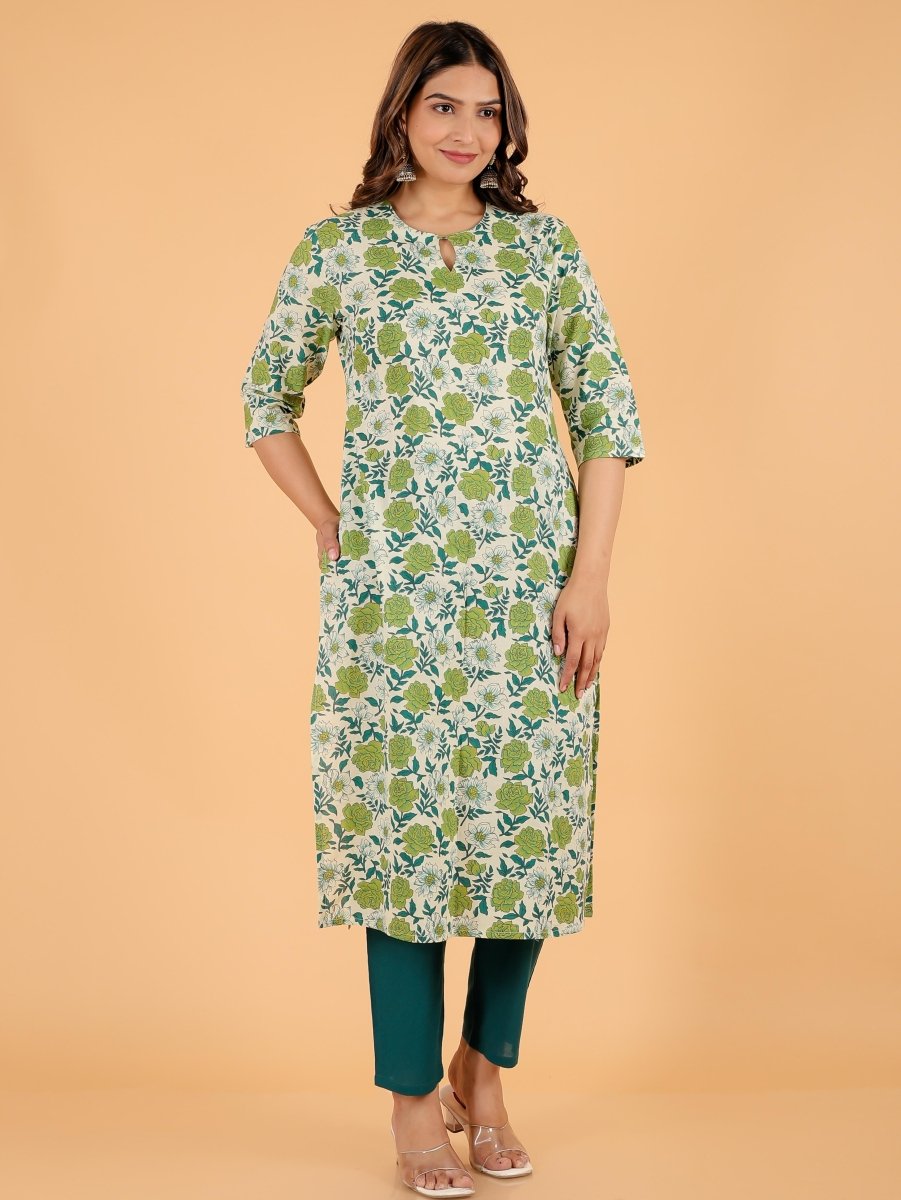 Aramya Straight Soft Cotton Floral Print Women's Kurta - Green - Distacart