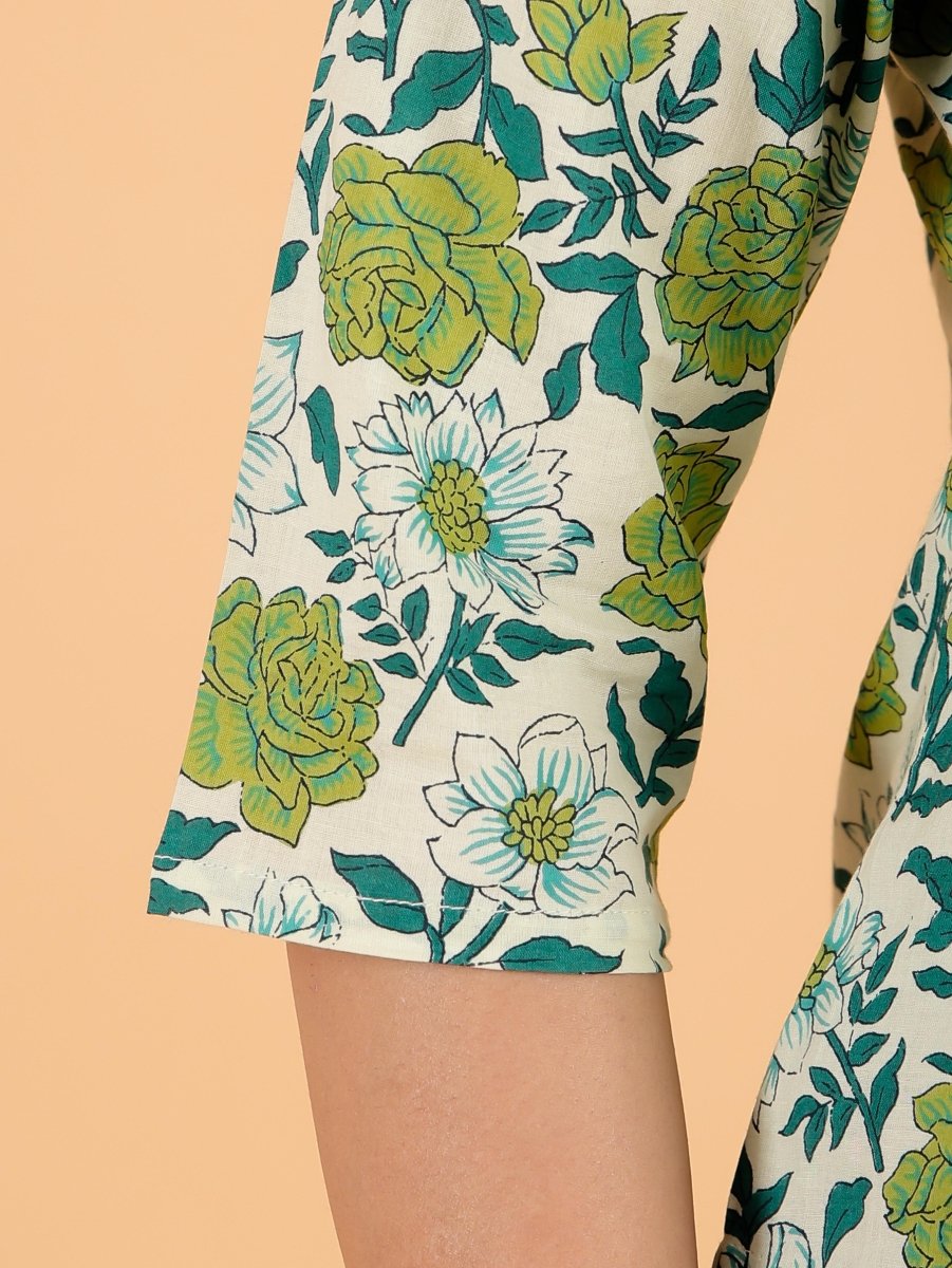 Aramya Straight Soft Cotton Floral Print Women's Kurta - Green - Distacart