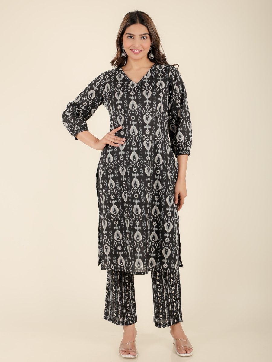 Aramya Straight Soft Cotton Ikat Print Women's Kurta - Black - Distacart