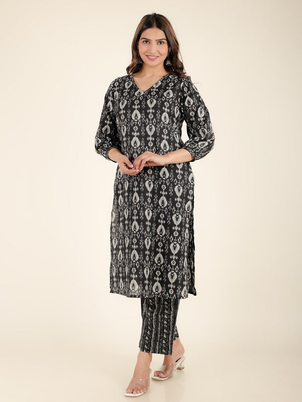 Aramya Straight Soft Cotton Ikat Print Women's Kurta - Black - Distacart