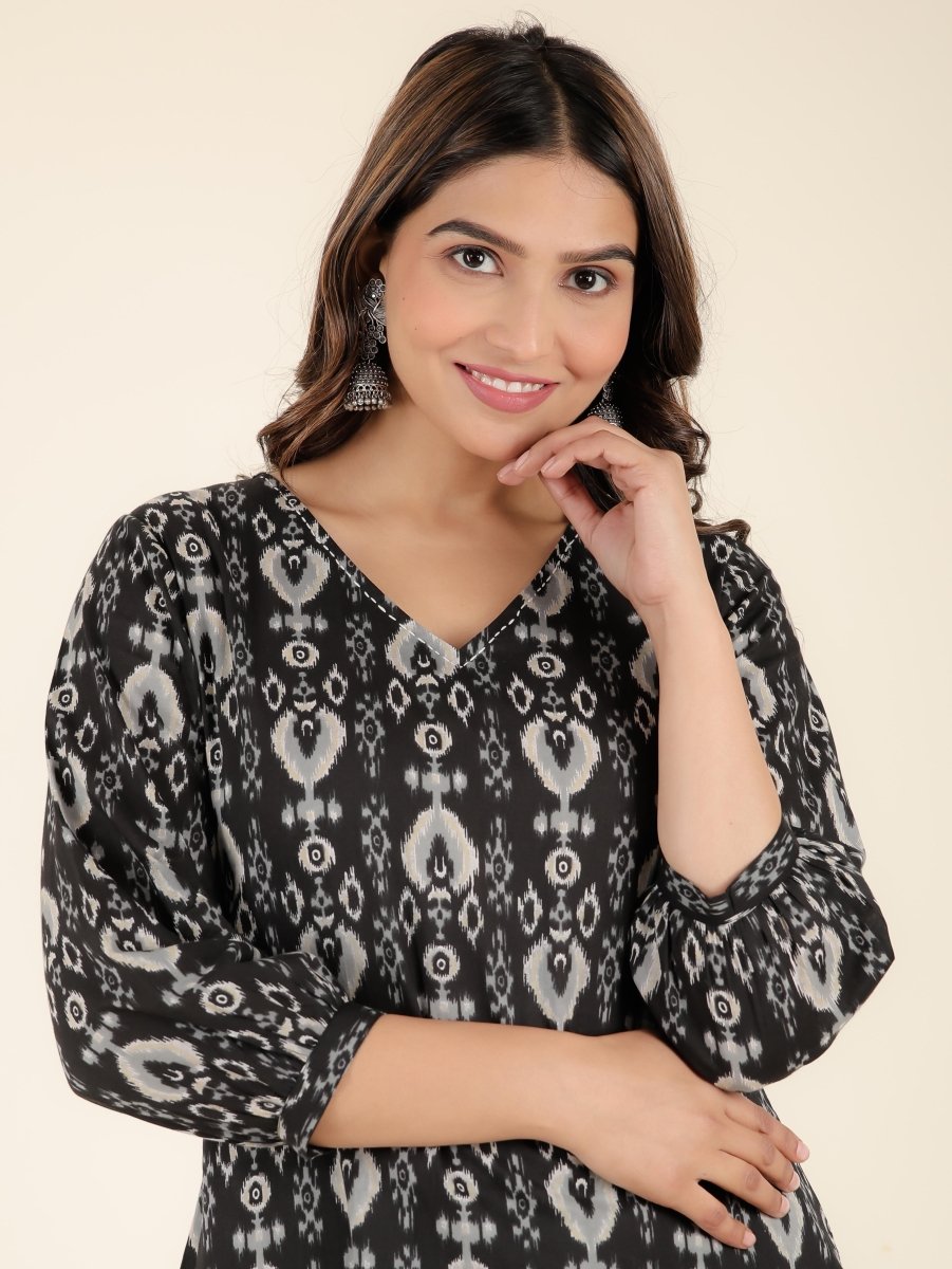 Aramya Straight Soft Cotton Ikat Print Women's Kurta - Black - Distacart