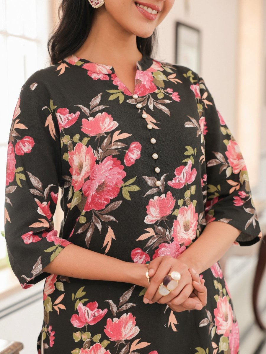 Aramya Straight Linen Cotton Floral Print Women's Kurta - Black - Distacart