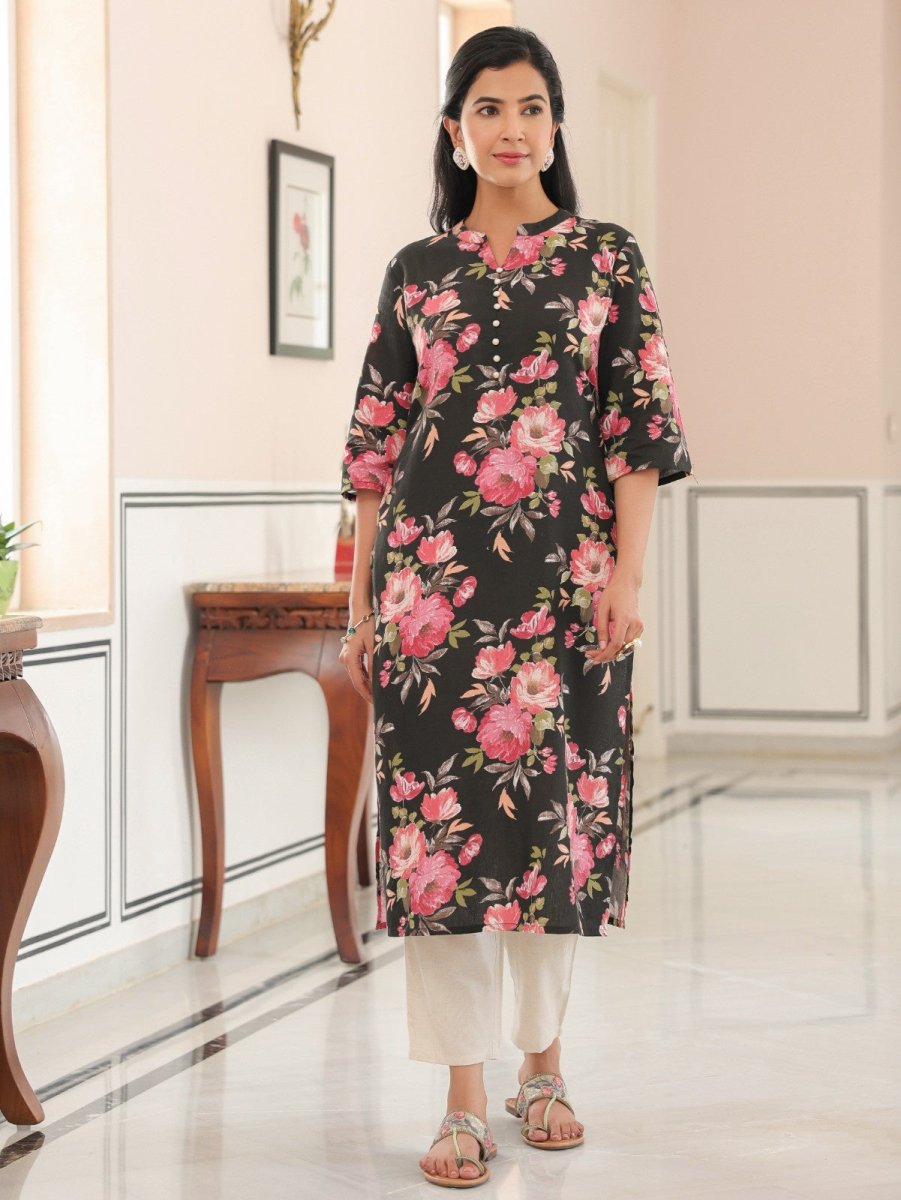 Aramya Straight Linen Cotton Floral Print Women's Kurta - Black - Distacart