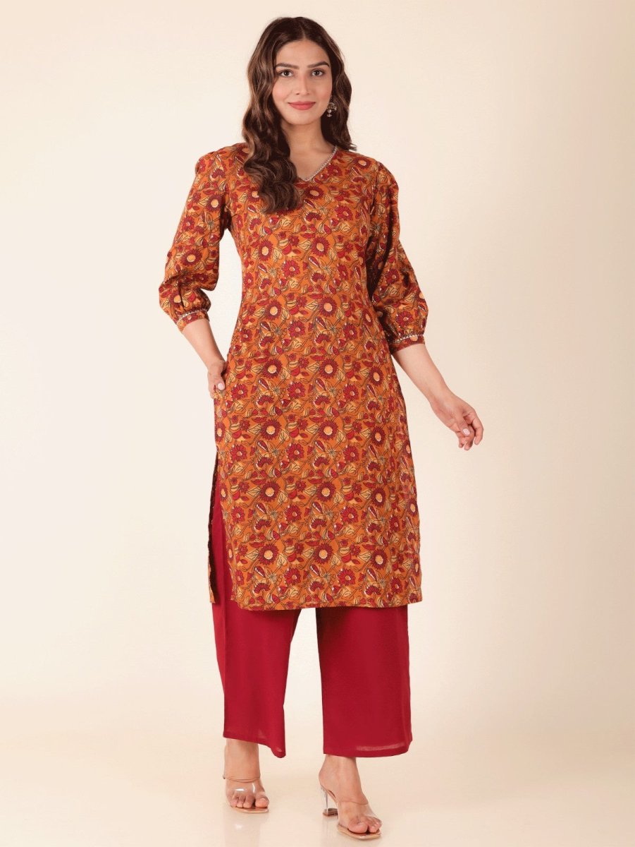 Aramya Straight Soft Cotton Floral Print Women's Kurta - Yellow - Distacart
