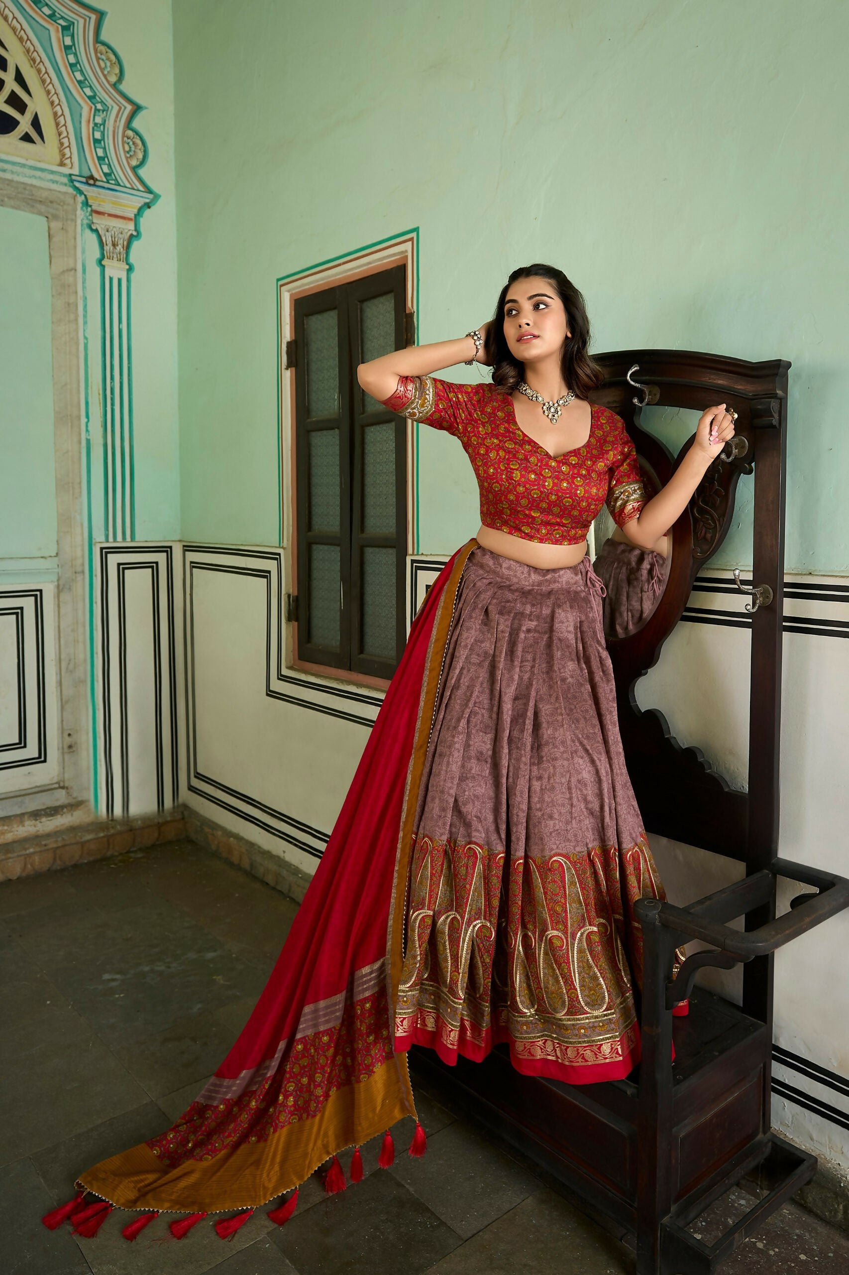 Vastranavya Kashmiri Print With Foil Print Lehenga With Unstitched Printed Blouse - Onion - Distacart