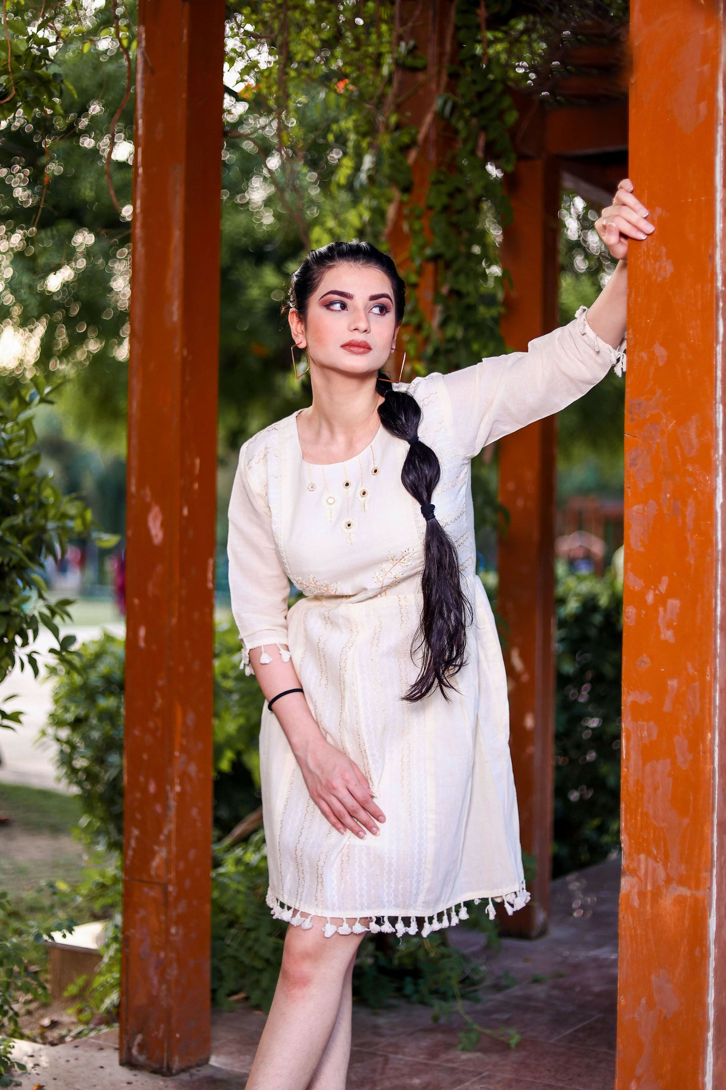 Aayaa Designer Multi Thread Hand Work Khadi Cotton One Piece Dress - Off White - Distacart