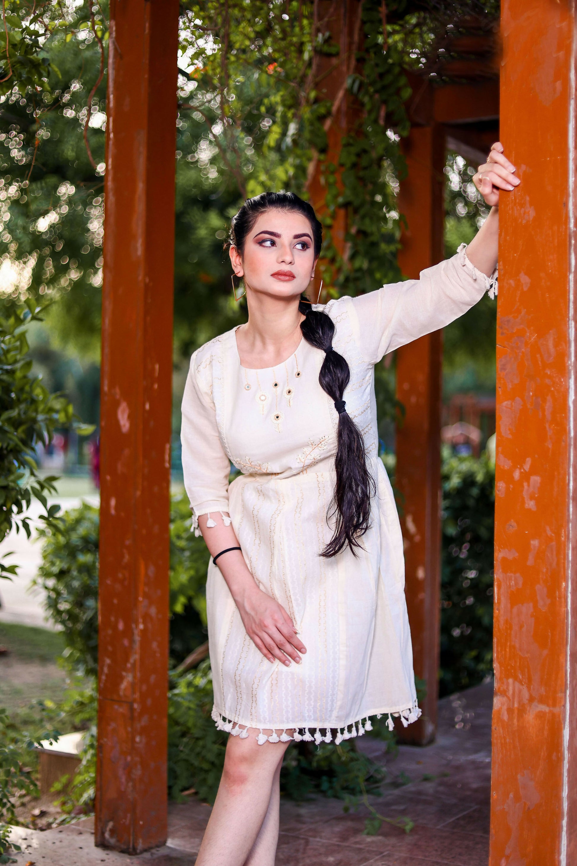 Aayaa Designer Multi Thread Hand Work Khadi Cotton One Piece Dress - Off White - Distacart