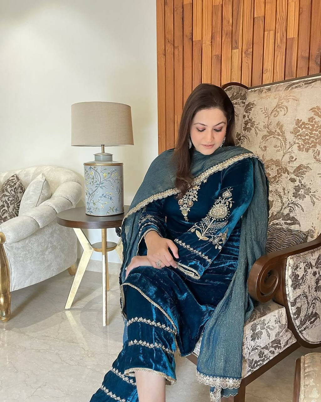 Vastranavya Teal Velvet Cording Sequence Embroidery Work Suit With Dupatta