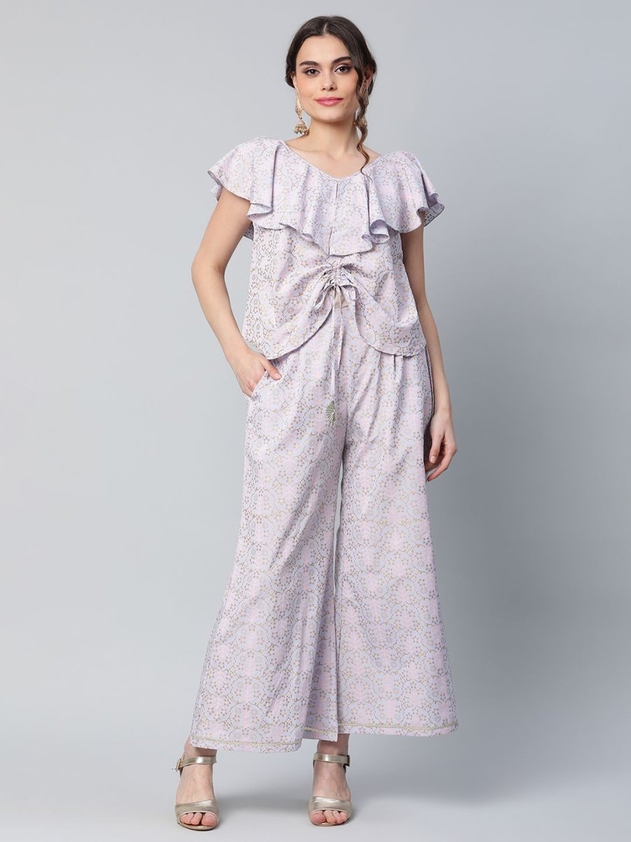 Ahalyaa Women Powder Blue Crepe Khari Printed Top with Palazzo Set - Distacart