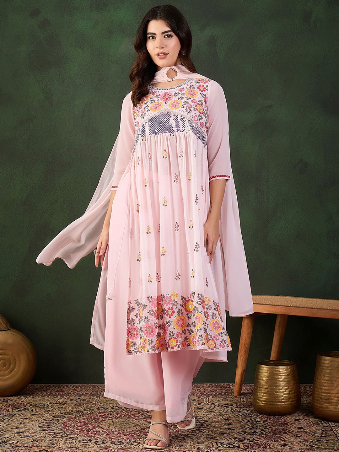 Sangria Embroidered Kurta, Palazzo With Dupatta - Distacart