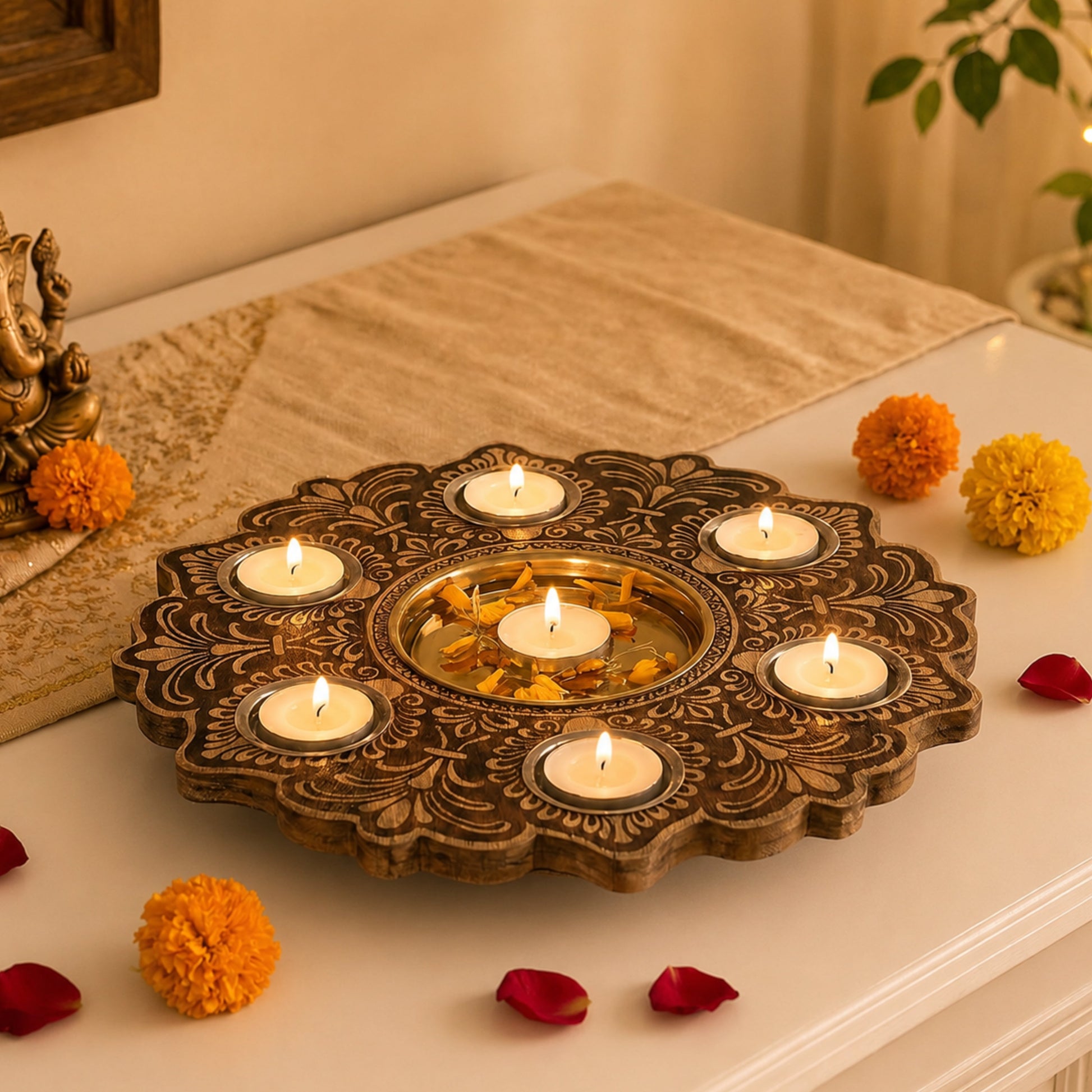 mandala wooden urli with tealights brown
