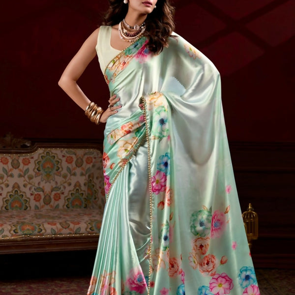 Vastranavya Pista Satin Silk Floral Printed with Pearl Lace Saree with Unstitched Blouse - Distacart
