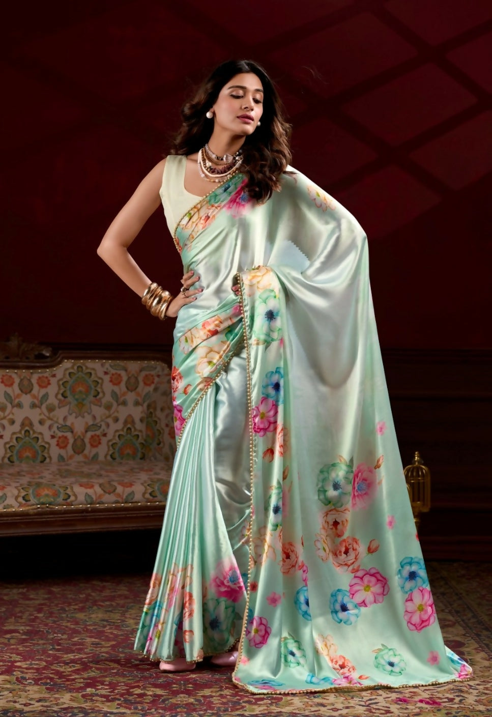 Vastranavya Pista Satin Silk Floral Printed with Pearl Lace Saree with Unstitched Blouse - Distacart