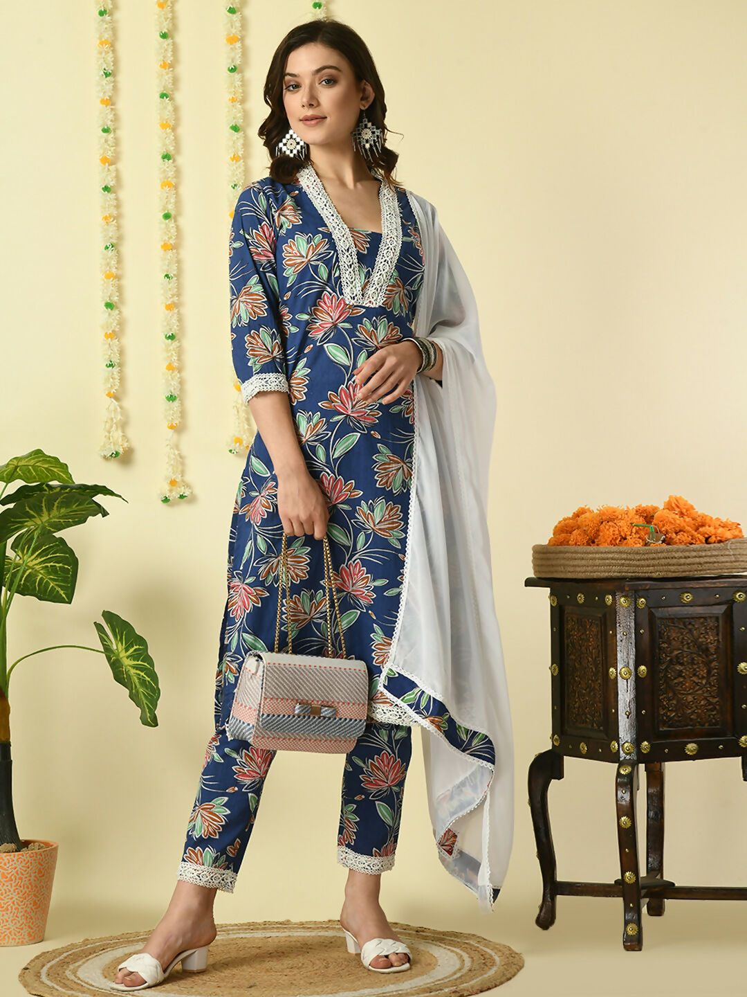 Myshka Women's Blue Pure Cotton Kurta & Trousers With Dupatta Party Sets - Distacart